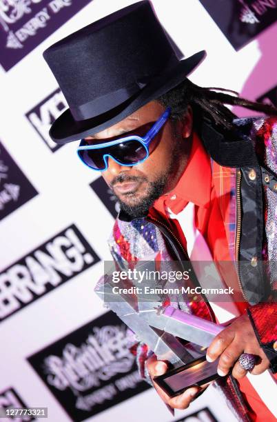 Benji Webb from Skindred with their Devotion award during The Relentless Energy Drink Kerrang! Awards at The Brewery on June 9, 2011 in London,...