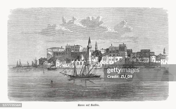 historical view of chania, crete, greece, wood engraving, published 1893 - chania crete stock illustrations