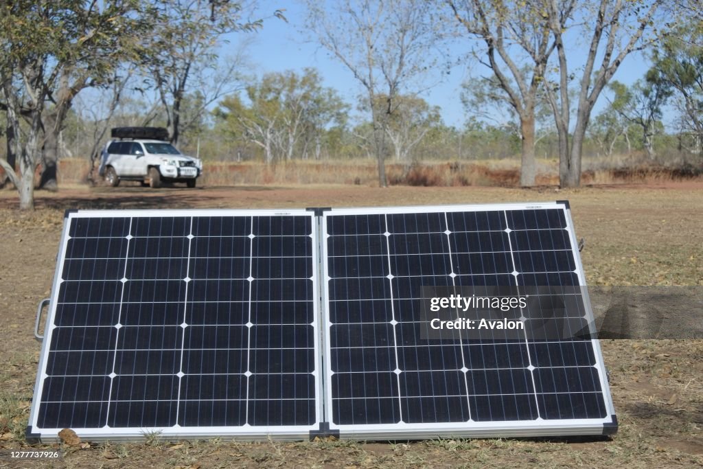 Solar panels charging equipment of a 4WD vehicle.