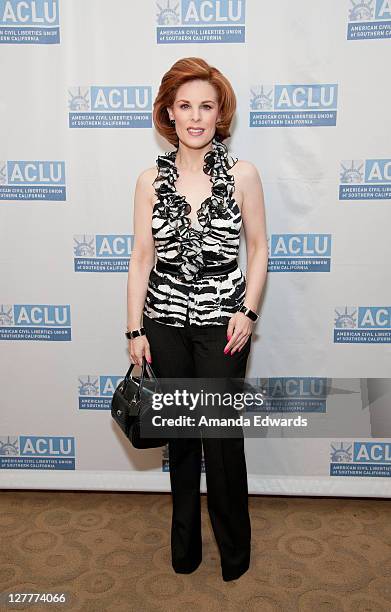 Actress and producer Kat Kramer arrives at the ACLU of Southern California's 17th Annual Law Luncheon at the Wilshire Grand Hotel on June 16, 2011 in...