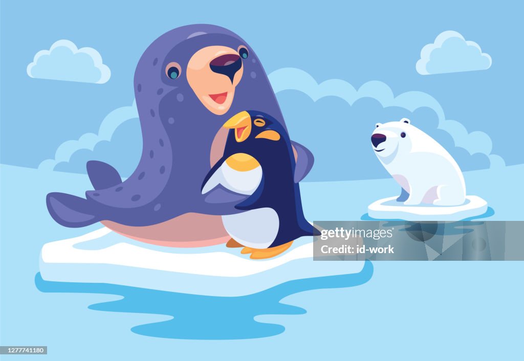 Sea lion hugging penguin