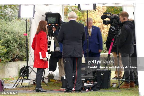 Tamara Cohen a Sky News political correspondent prepares for interviews on College Green, Parliament, London. September 2019.