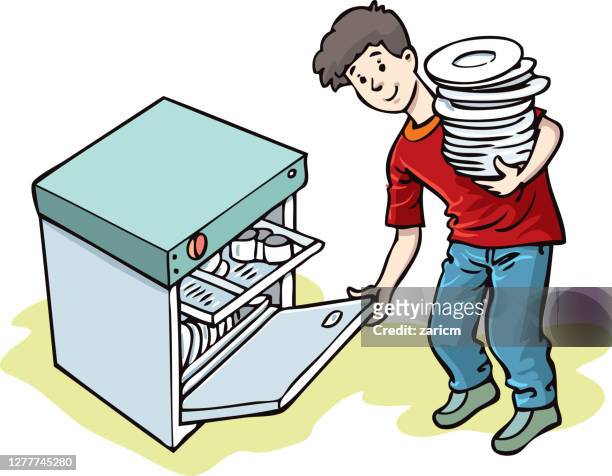 man put plates in a dishwasher in - wash the dishes stock illustrations