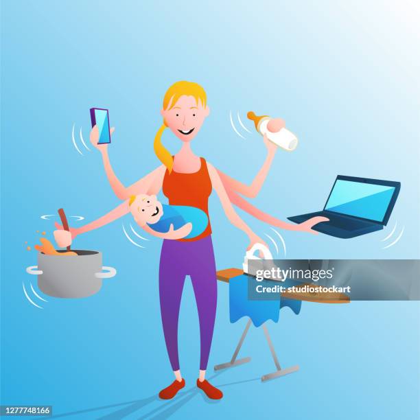 housework with baby - parent computer stock illustrations