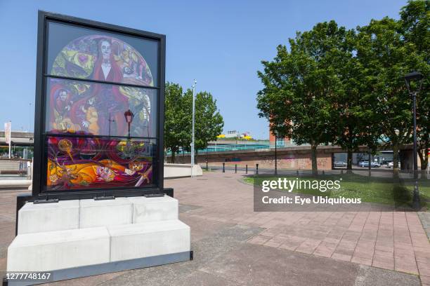 Ireland, North, Belfast, Queens Quay, Game of Thrones stained glass window exhibit.