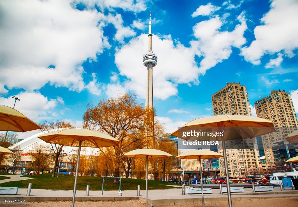 Toronto, Ontario, Canada - April 18, 2020: View of the CN tower from the Sugar beach, Toronto, Ontario, Canada