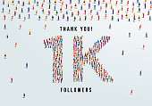 Thank you, 1k or one thousand followers celebration design. Large group of people form to create a shape 1k. Vector illustration.