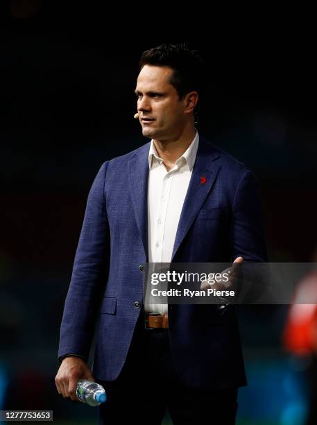 Gavin Wanganeen commentates during the AFL First Qualifying Final match between the Port Adelaide Power and the Geelong Cats at Adelaide Oval on...