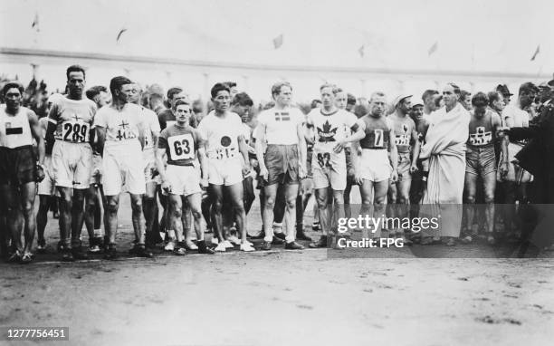 The athletes assemble for the start of the marathon at the 1920 Summer Olympics in Antwerp, Belgium, 1920.
