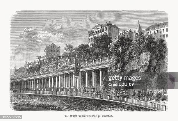 karlovy vary (karlsbad), czech republic, wood engraving, published in 1893 - karlovy vary stock illustrations