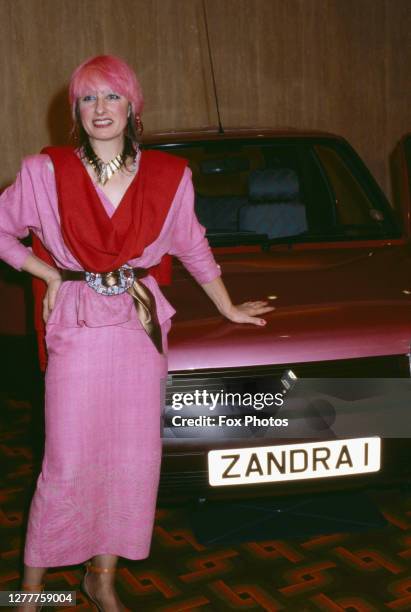 English fashion designer Zandra Rhodes launches the Zandra Rhodes limited edition of 50 pink designer Renault 5 cars, UK, 22nd October 1985.