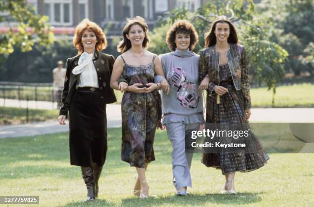 From left to right, singers Julie Rogers and Helen Shapiro, actress Jill Gascoine and model Emma Jacobs at a charity fashion show, UK, September 1981.