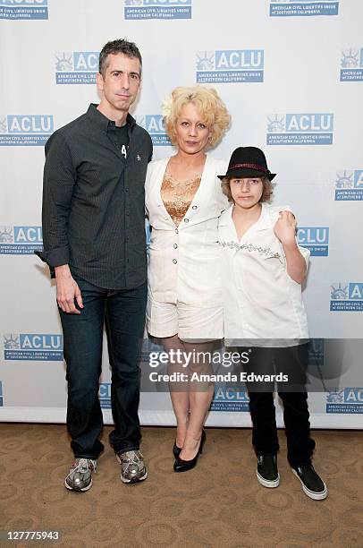 Columnist Dan Savage and gay rights activists Wendy Walsh and her son Shawn arrive at the ACLU of Southern California's 17th Annual Law Luncheon at...