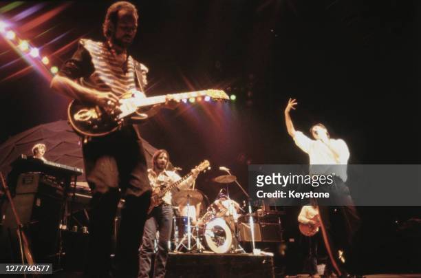 English rock band Roxy Music in concert at Wembley Arena in London, England, during their Avalon Tour, September 1982. Guitarist Phil Manzanera is on...