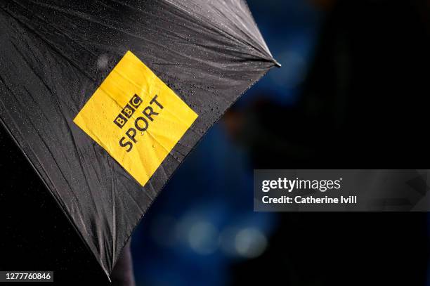 The BBC sport television logo on an umbrella during the Vitality Women's FA Cup Semi Final match between Birmingham City and Everton on September 30,...