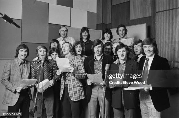 The Tottenham Hotspur football team record the song 'Hot Spurs Boogie', UK, January 1973. Amongst the singers are Alan Gilzean, Steve Perryman,...