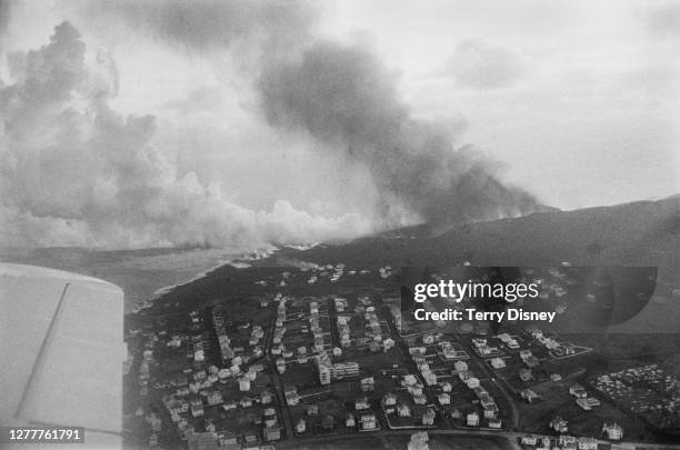 The eruption of the Eldfell volcano on Heimaey, in the Vestmannaeyjar or Westman Islands of Iceland, as seen from an aircraft, January 1973.