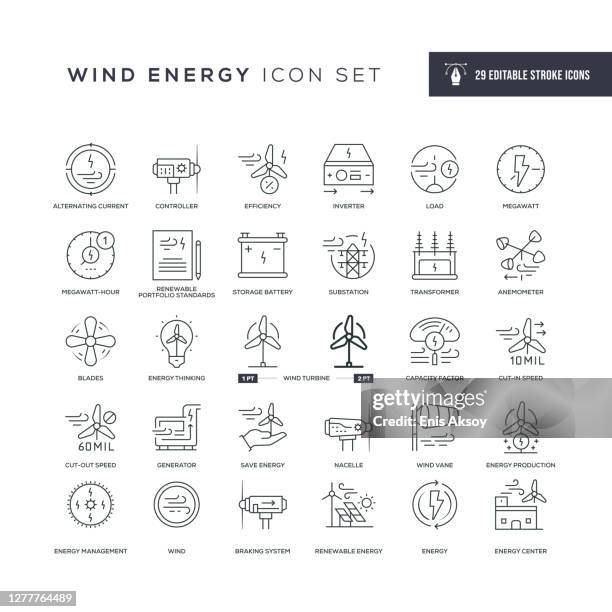 ilustrações, clipart, desenhos animados e ícones de ícones da linha de traçado editável de energia eólica - gerador