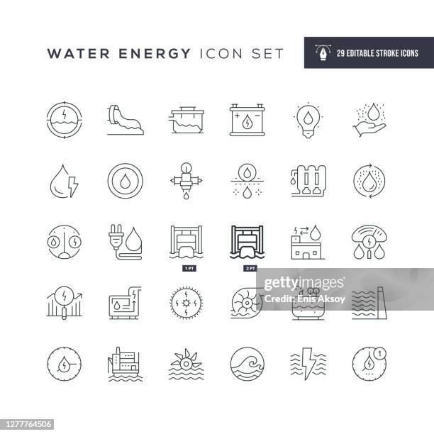 ilustraciones, imágenes clip art, dibujos animados e iconos de stock de iconos de línea de trazo editables de energía del agua - presa