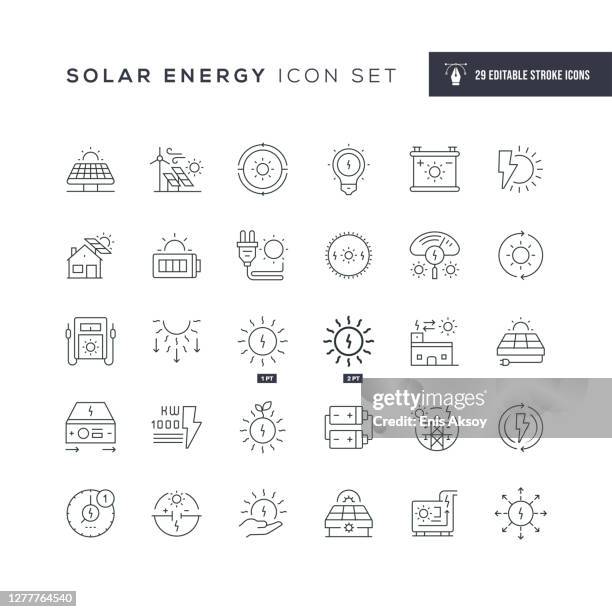 solar energy editable stroke line icons - solaranlage stock-grafiken, -clipart, -cartoons und -symbole