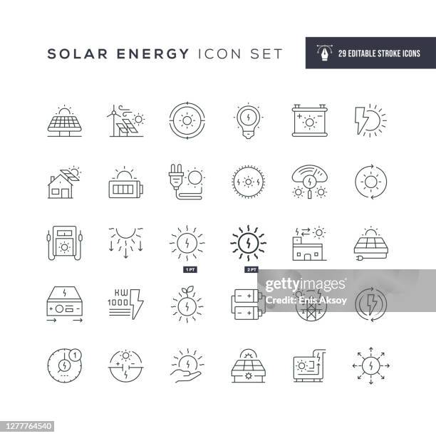 ilustraciones, imágenes clip art, dibujos animados e iconos de stock de iconos de línea de trazos editables de energía solar - energía solar