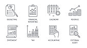 Fiscal year vector icons. Business finance company signs. Editable stroke. Financial reporting budgeting statement revenue. Calendar accounting external audit tax