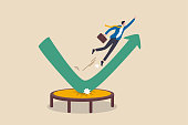 Stock market rebound, overcome business down fall and grow up profit or leadership and achievement concept, businessman jump bouncing high on trampoline with green rising up performance arrow graph.
