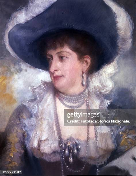 Margherita of Savoy Portrait of the Queen of Italy, wife of Umberto I, with a large hat and numerous jewels. Painting by Mario Gachet , Italy,...