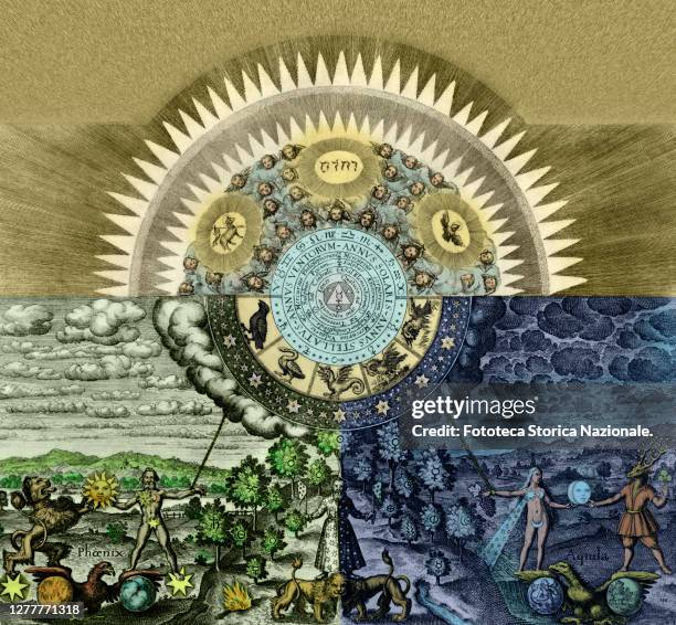 Pansophic conception of the Universe with at the center the philosopher's stone at the top the Holy Trinity who watches over all the balances and all...