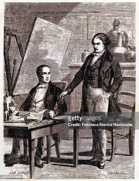 Nicephore Niepce explains to his colleague Louis Daguerre his procedure for fixing the images that are formed in the camera obscura. Illustration by...