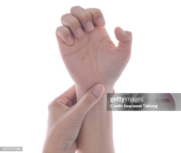 hand nerve pain,numbness in hands isolated on white background - stijf stockfoto's en -beelden