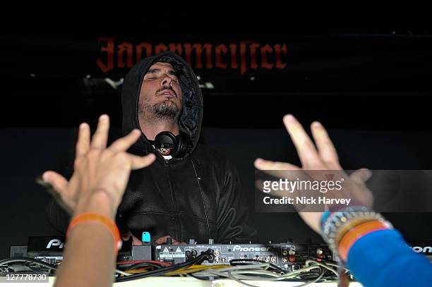 Zane Lowe DJs at the Jagermeister Ice Cold 4D Alice Cooper Holographic Event at Battersea Power station on May 11, 2011 in London, England.