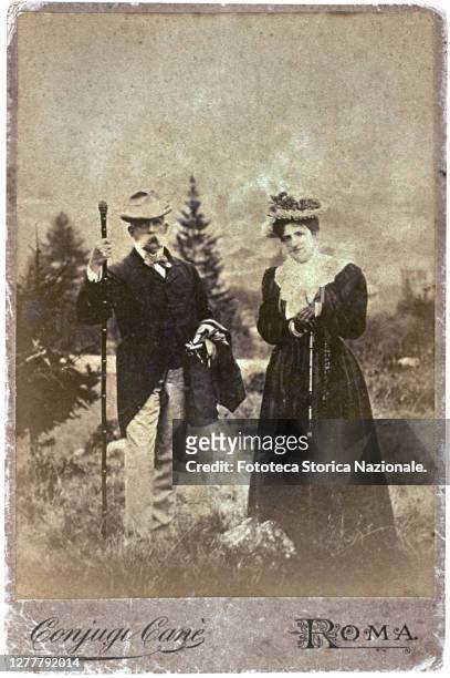 King Umberto I and Queen Margherita during a walk in the mountains; photograph on cardboard, carte de visite "Coniugi Cané", Italy, Rome approx. 1890.