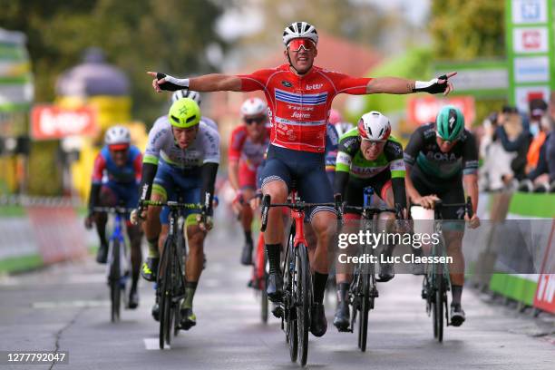 Arrival / Mads Pedersen of Denmark and Team Trek - Segafredo Red Points Jersey / Celebration / Jasper Philipsen of Belgium and UAE Team Emirates...