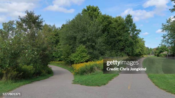 paved footpath splitting into two directions - division stock pictures, royalty-free photos & images