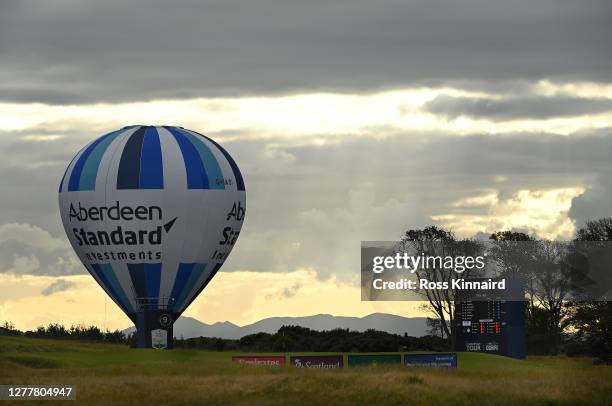 Hot air balloon is pictured during the first round of the Aberdeen Standard Investments Scottish Open at The Renaissance Club on October 01, 2020 in...