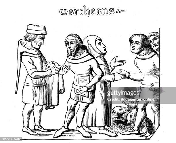 Cloth fair and wool market in the 14th century, France, market people buying by handshake.