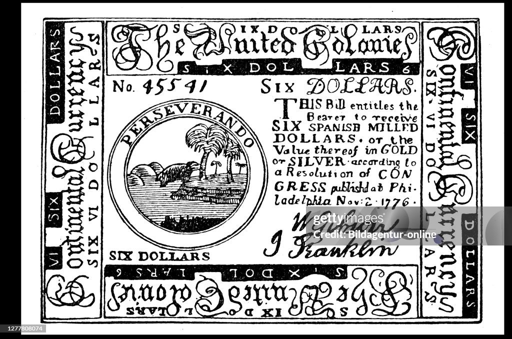 Six dollar note of the United Colonies.