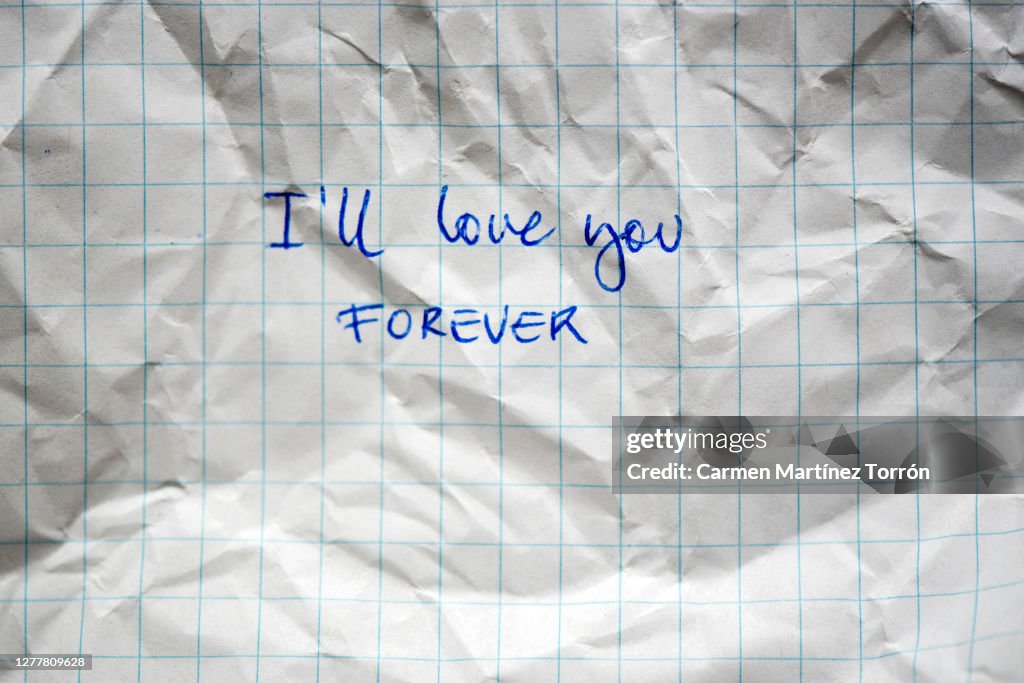 "I'll love you. Forever" Written on workbook. Handwritten education on grid paper. Written in blue paste. Checkered texture. School concept.