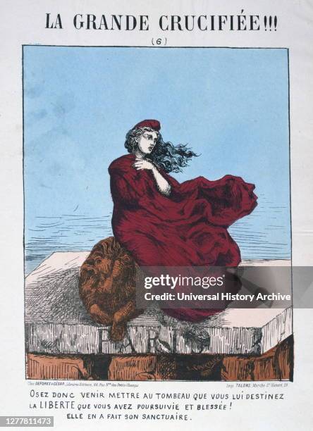 Allegory of the Republican France, by e courtaux 1871. Cartoon from a series titled La Grande Crucifiee!!! depicting Marianne as Republican France...