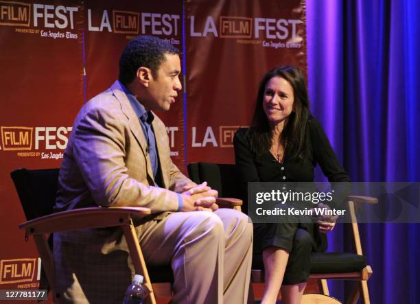 Actor Harry Lennix and director Julie Taymor speak onstage at The Art of Translation: A Conversation with Julie Taymor during the 2011 Los Angeles...