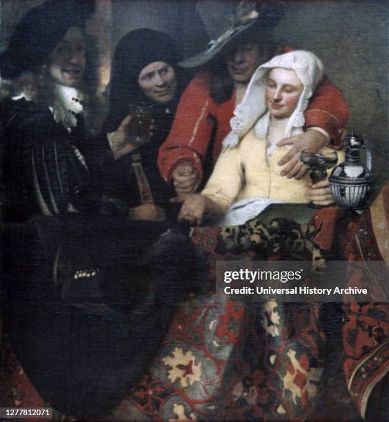 The Procuress', by Jan Vermeer 1656. It has been suggested that the smiling man on the left holding a lute and a glass is a self-portrait. If so, it...