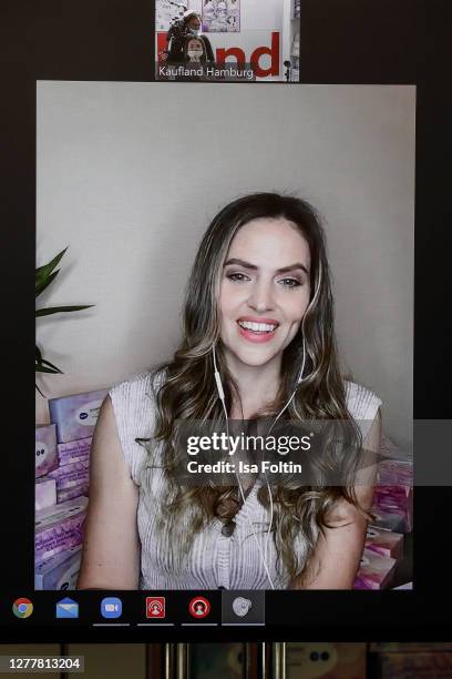 Model Hana Nitsche speaks on a live stream call at the "Mami & Papi Day" at Kaufland on October 1, 2020 in Hamburg, Germany.