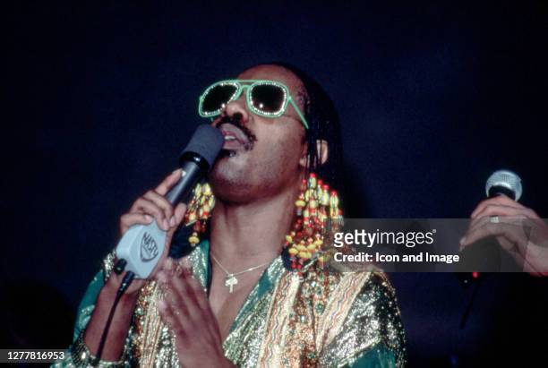 American singer, songwriter, musician and record producer Stevie Wonder performing in at Cobo Arena on January 11 in Detroit, MI.