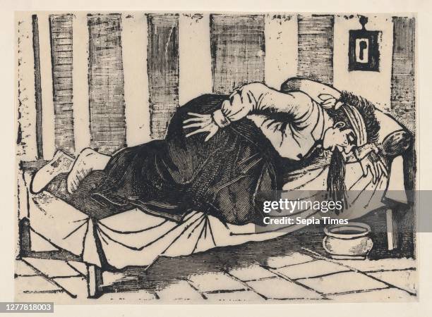 Man leaning over the side of a bed vomiting, from a broadside entitled 'Death of Aurelio Caballero due to yellow fever in Veracruz', Jose Guadalupe...