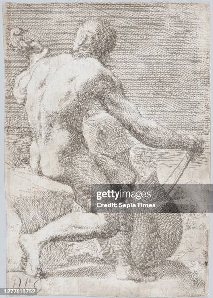 Study from behind of a naked man playing a cello, from the 'Principios para estudiar el Nobilisimo y Real arte de la Pintura' , Jose Garcia Hidalgo ,...