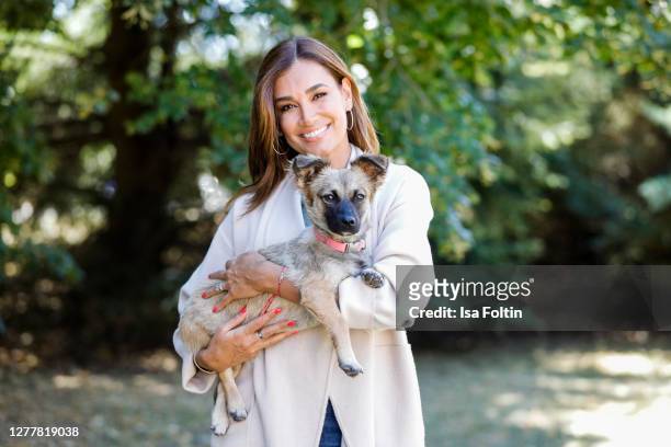Jana Ina Zarrella and her dog "Cici" at the "Tierisch engagiert" Animal Charity Campaign at animal shelter Zollstock on September 29, 2020 in...