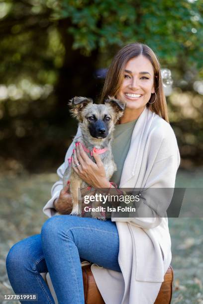 Jana Ina Zarrella and her dog "Cici" at the "Tierisch engagiert" Animal Charity Campaign at animal shelter Zollstock on September 29, 2020 in...