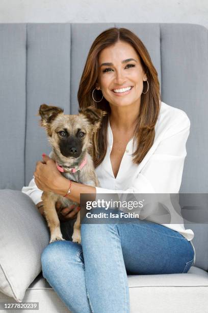 Jana Ina Zarrella and her dog "Cici" at the "Tierisch engagiert" Animal Charity Campaign at animal shelter Zollstock on September 29, 2020 in...