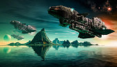 Futuristic SciFi Battle Ships Hover Over An Alien Planet